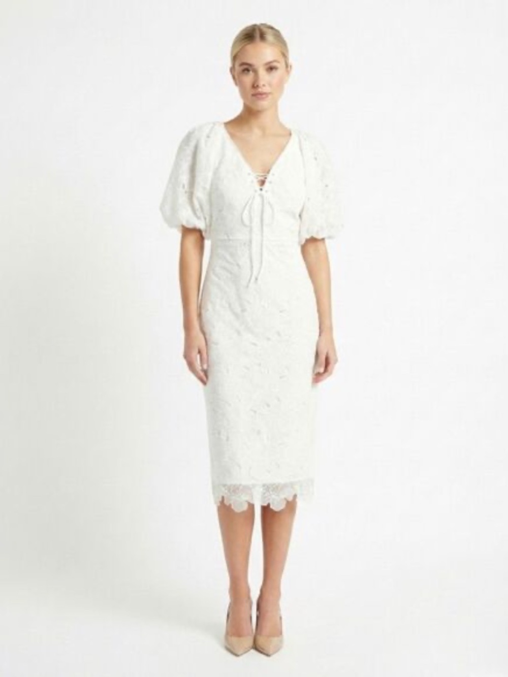 NWT Monique Lhuillier White Puff Sleeve Dress Size 4